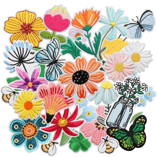 HappFestiv 32 Pcs Spring Themed Iron onSew on Patches Cute Flower Butterfly Embroidered Applique Patches Clothes Backpacks Hats Pants Jackets Jeans Decoration DIY Accessories - Image 1