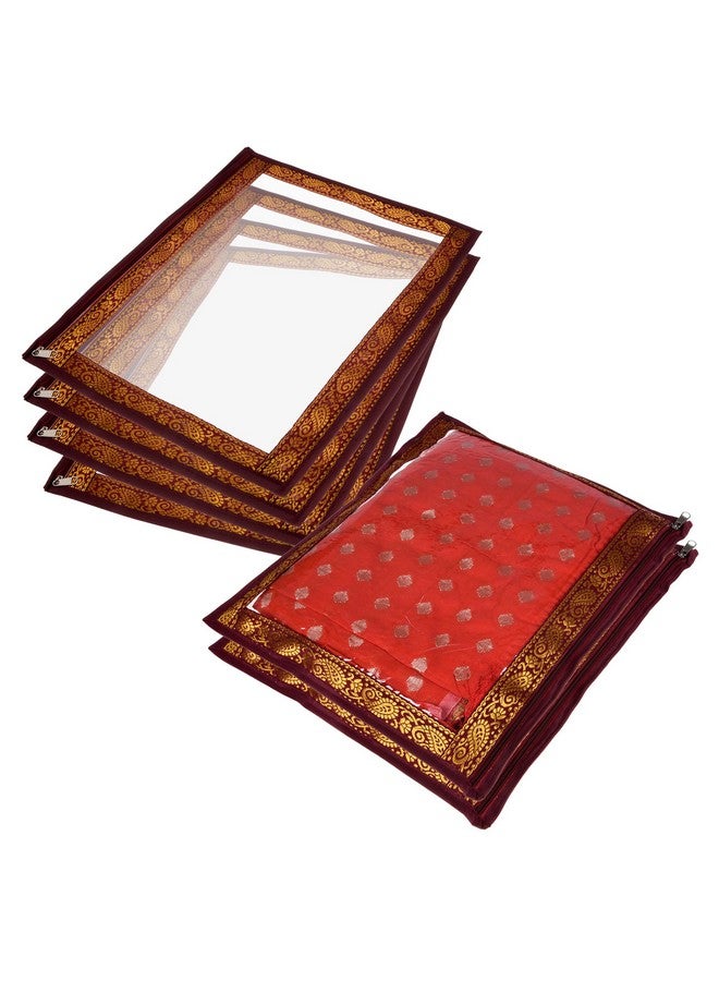 Kuber Industries Saree Cover | Clothes Storage Bag | Single Packing Saree with Zip Closure | Wardrobe Organizer | Cloth Stoarge Organizer | 4 Side Lace Design | Pack of 6 | Maroon - Image 1