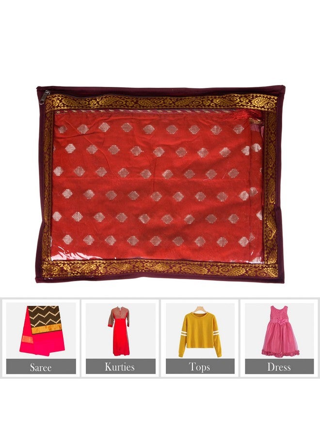 Kuber Industries Saree Cover | Clothes Storage Bag | Single Packing Saree with Zip Closure | Wardrobe Organizer | Cloth Stoarge Organizer | 4 Side Lace Design | Pack of 6 | Maroon - Image 4
