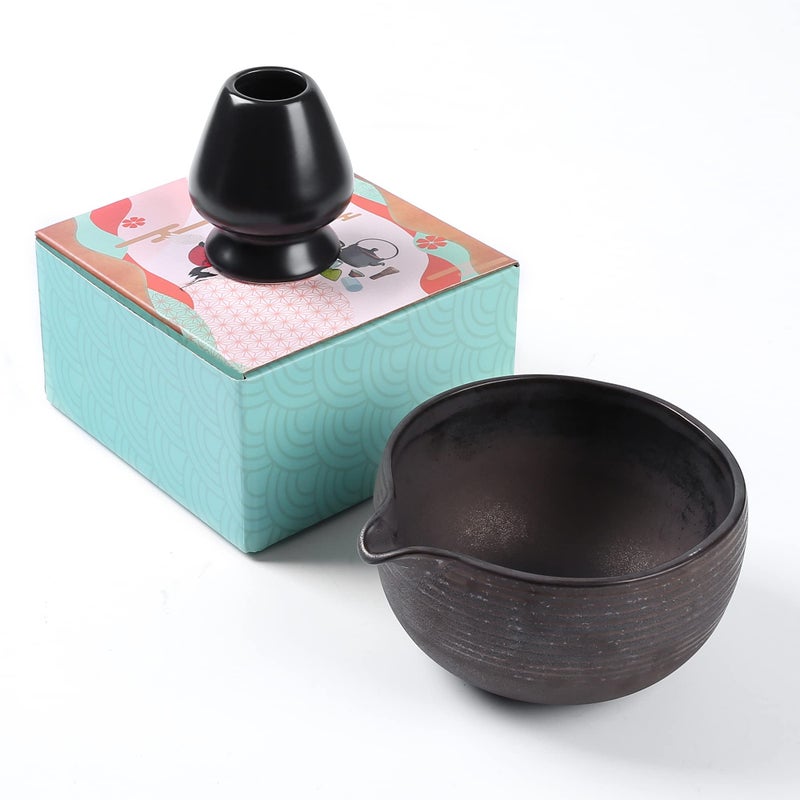 ZENRC Traditional Matcha Bowl with Pouring Spout and Whisk Holder Reshaper Retro Matcha Green Tea Chawan Kit 22oz Big Salad Porridge Juice Bowl and Chasen Rest Charming Black