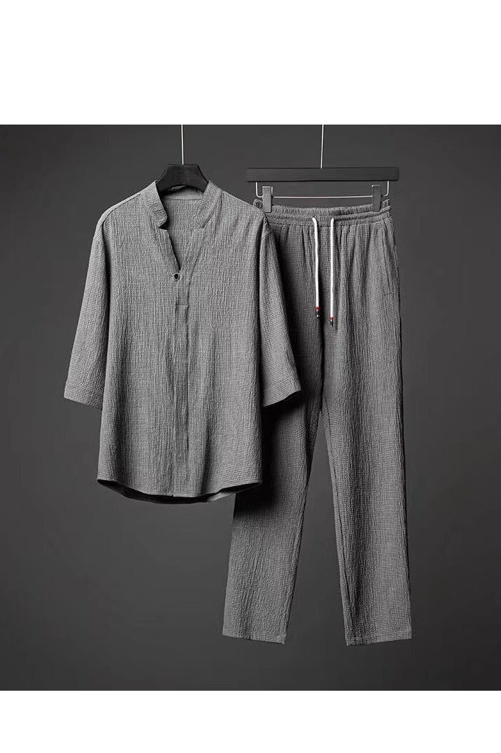 Men's Linen Two-Piece Set, 3/4 Sleeve Mandarin Collar Shirt with Drawstring Trousers, Grey