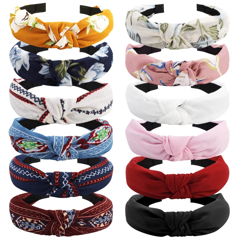 VELSCRUN 12 Pack Flower Headbands for Women - Non-Slip Wide Boho Knotted Hair Accessories, Cute Fashion Headbands, Birthday Gift Set - Image 1