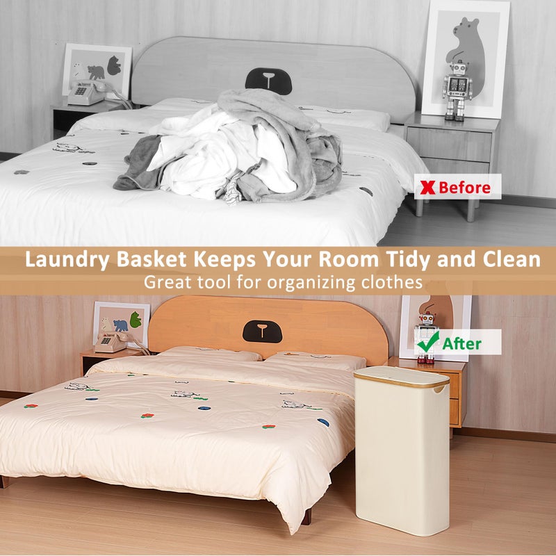 iEGrow 65L Slim Laundry Hamper, Narrow Laundry Basket with Lid,Foldable Clothes Hamper with Bamboo Handles,Hamper Basket with Removable Inner Bag for Laundry Room Bedroom College Dorm,17.17 Gals Beige - Image 3
