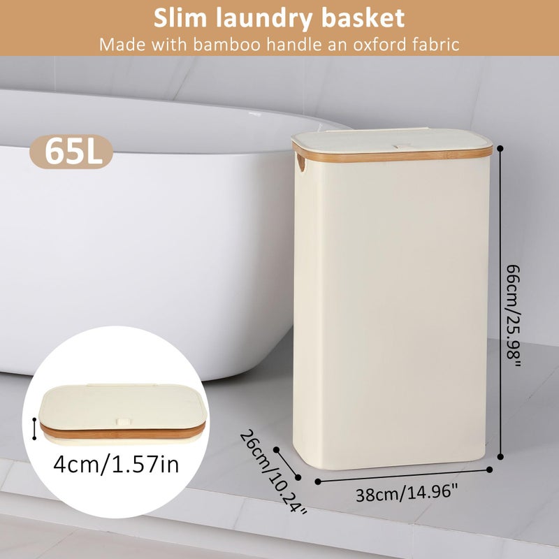 iEGrow 65L Slim Laundry Hamper, Narrow Laundry Basket with Lid,Foldable Clothes Hamper with Bamboo Handles,Hamper Basket with Removable Inner Bag for Laundry Room Bedroom College Dorm,17.17 Gals Beige - Image 2