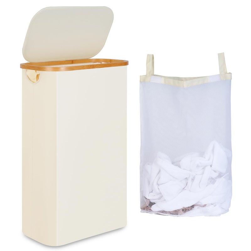 iEGrow 65L Slim Laundry Hamper, Narrow Laundry Basket with Lid,Foldable Clothes Hamper with Bamboo Handles,Hamper Basket with Removable Inner Bag for Laundry Room Bedroom College Dorm,17.17 Gals Beige - Image 1