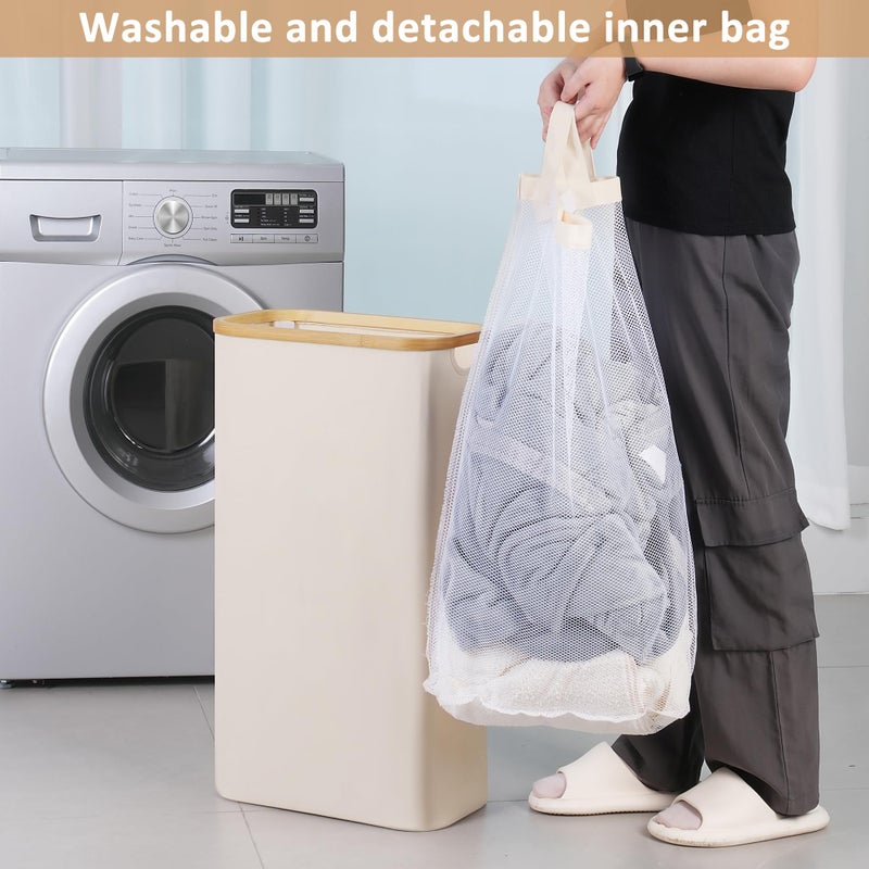 iEGrow 65L Slim Laundry Hamper, Narrow Laundry Basket with Lid,Foldable Clothes Hamper with Bamboo Handles,Hamper Basket with Removable Inner Bag for Laundry Room Bedroom College Dorm,17.17 Gals Beige - Image 5