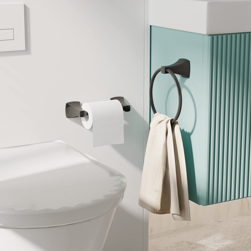 WZRUA Bathroom Hardware Set 2 Pieces Toilet Paper Holder and Towel Ring Wall Mounted Stainless Steel and Zinc Alloy Matte Black - Image 2