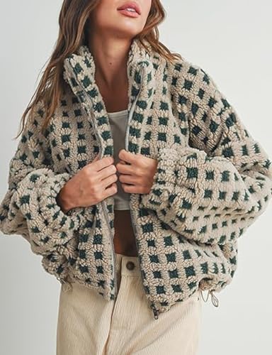 Yoawdats Womens Cute Sherpa Fleece Jacket Fuzzy Zip Up Checkered Cropped Going Out Jacket Teddy Fluffy Casual Outerwear (Green, M) - Image 2