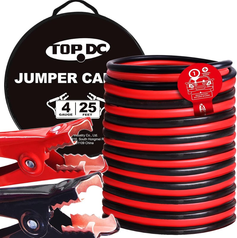 TOPDC 4 Gauge 25 Feet Jumper Cables for Car Battery - Heavy Duty Automotive Booster Cables with Carry Bag - Image 1