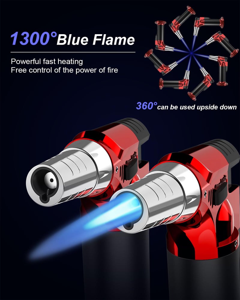 GESPERT 2 Pack Torch, Butane Torch Refillable, KitchenTorch for Cooking with Safety Lock & Adjustable Flame for BBQ, Creme Brulee, Baking, Crafts(Butane Gas not Included) (Red/Blue) - Image 2