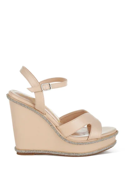 London Rag Rhinestones Embellished Wedge Sandals in Beige