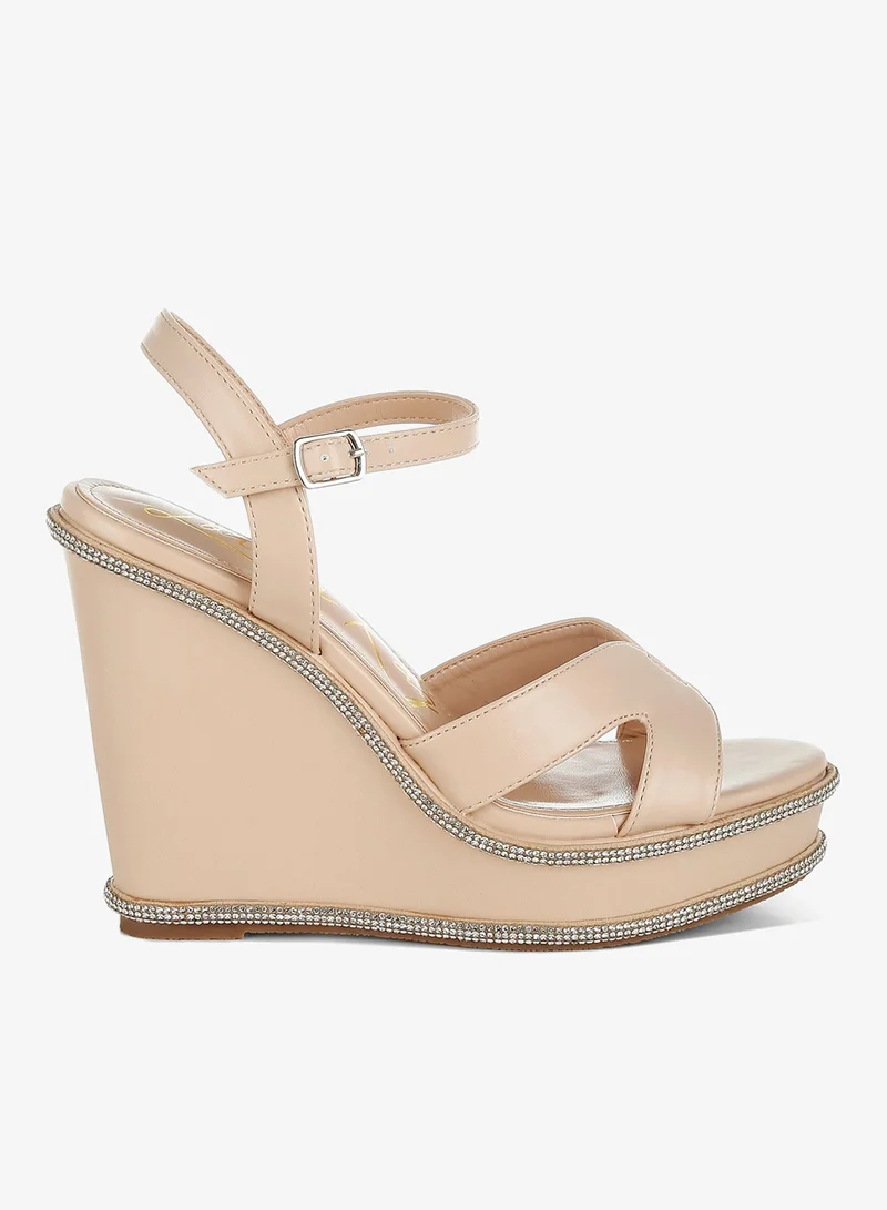 Rhinestones Embellished Wedge Sandals in Beige