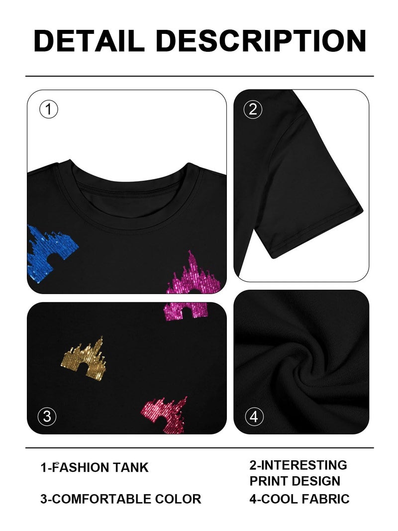 UNIQUEONE Magic Kingdom Shirts for Women Sequin Top Colorful Castle Graphic Tshirt Holiday Vacation Shirt Funny Cute Tee Tops - Image 5