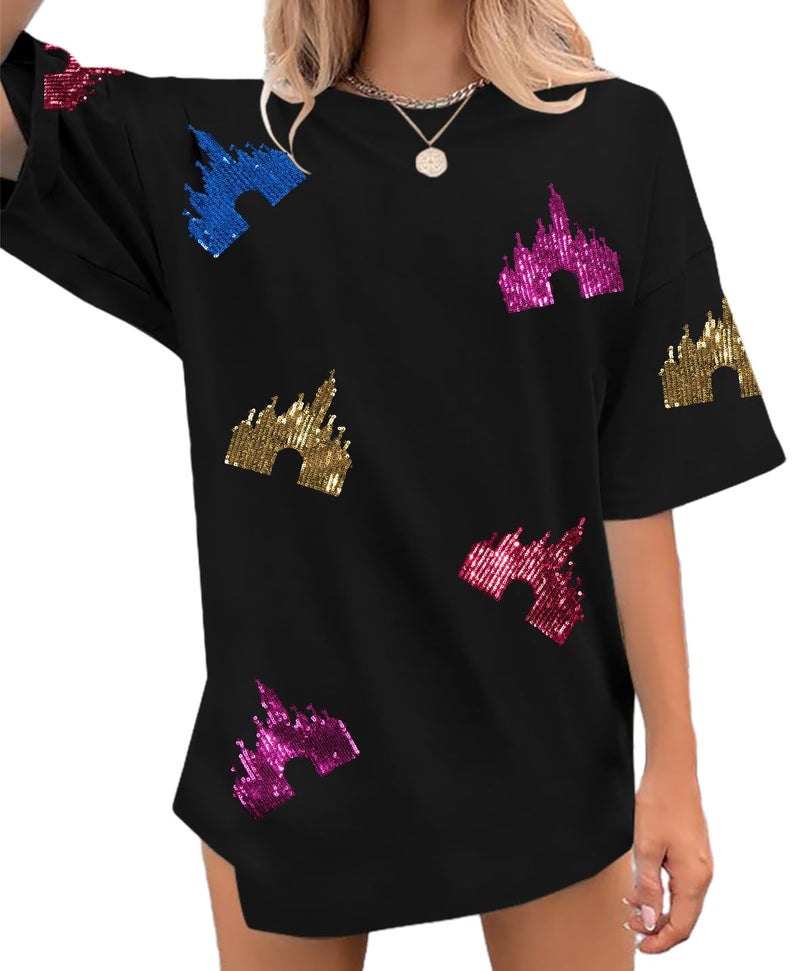 UNIQUEONE Magic Kingdom Shirts for Women Sequin Top Colorful Castle Graphic Tshirt Holiday Vacation Shirt Funny Cute Tee Tops - Image 1