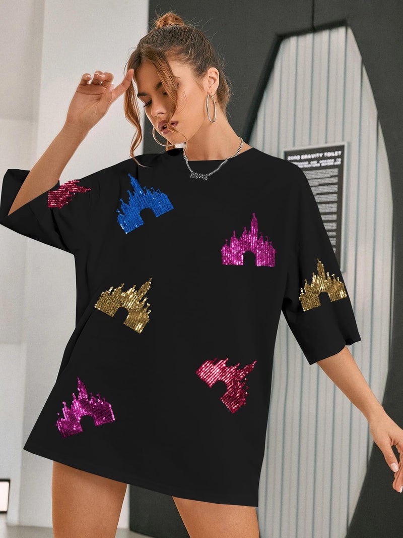 UNIQUEONE Magic Kingdom Shirts for Women Sequin Top Colorful Castle Graphic Tshirt Holiday Vacation Shirt Funny Cute Tee Tops - Image 3