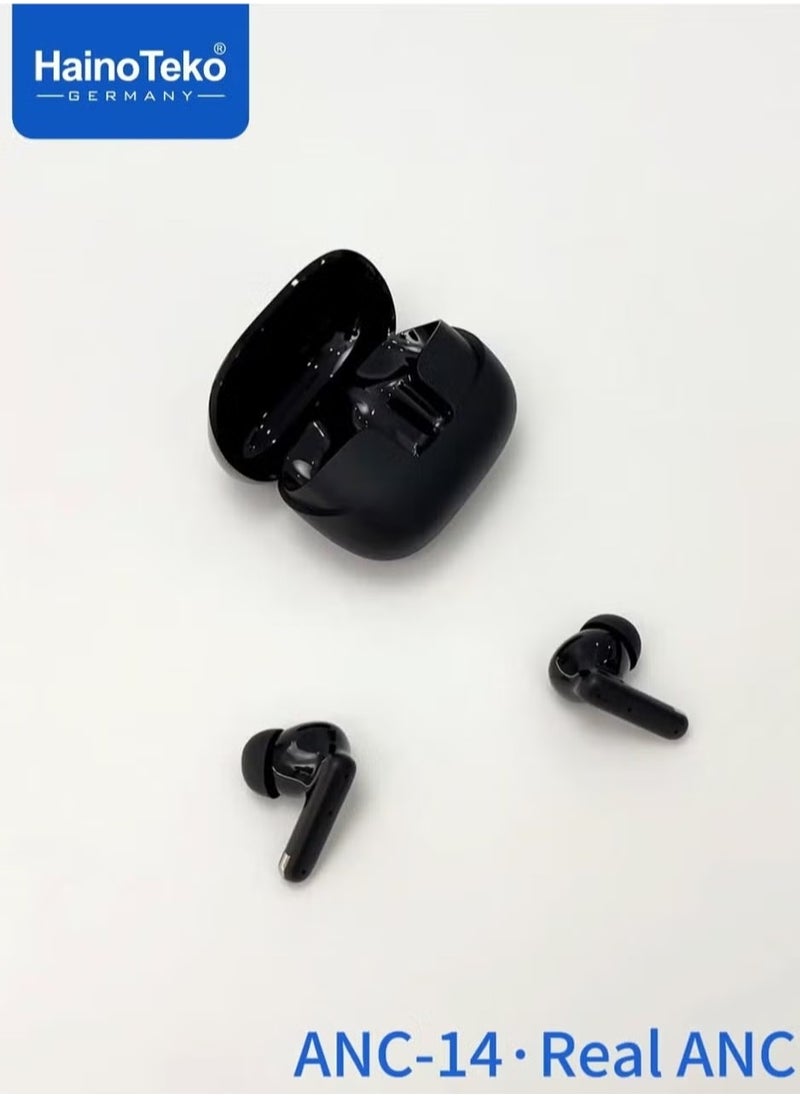 Haino Teko - ANC-14 Bluetooth Earphones | True Active Noise Cancellation for Immersive Sound | Deep Bass & HD Audio Quality | Crystal-Clear Microphone for Calls | Multi-Functional Touch Controls for Effortless Use | Wireless Earbuds Compatible with iPhones & iPads | Long Battery Life with Fast Charging | Sleek Black Design - Image 1