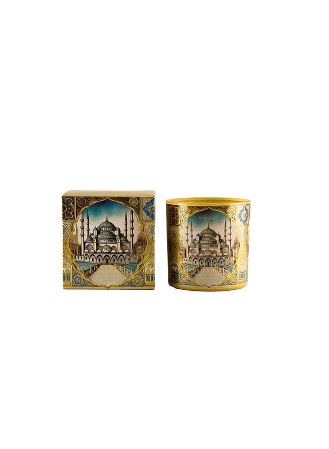 KAMAYA SKYLINE COLLECTION ISTANBUL Scented candle, 3 wick candle with decal of Istanbul skyline on the beautiful glass jar with gold lid. Frgarance notes floral spicy and amber with lemon, jasmine, rose vanilla. Perfect for gifting .Beautiful box with gift card inside - Image 2