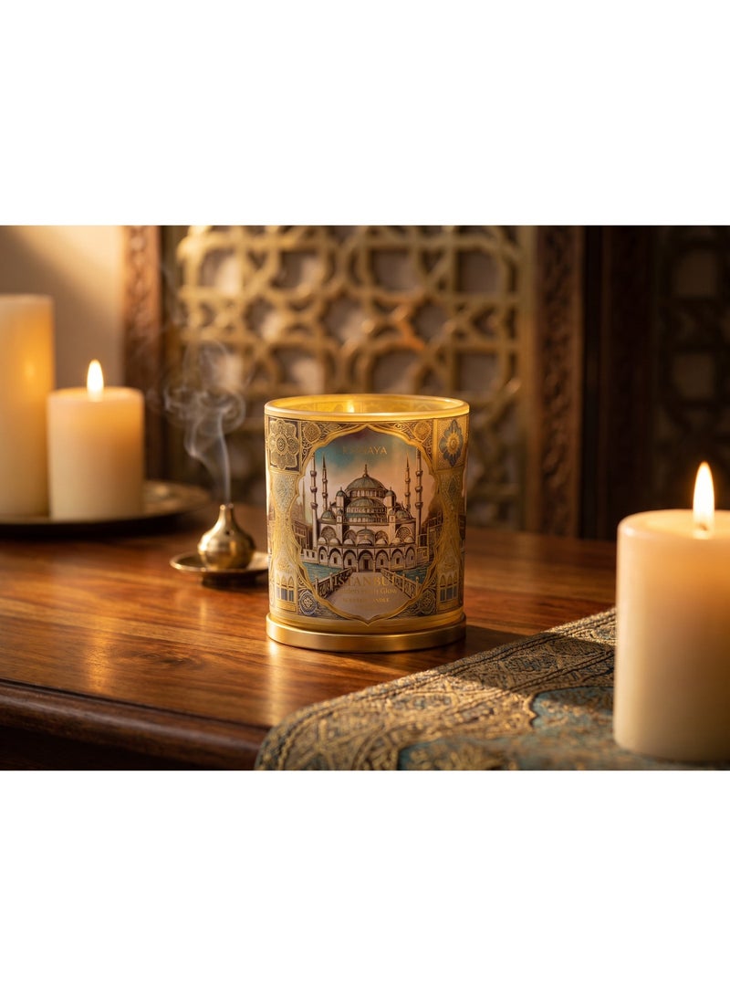 KAMAYA SKYLINE COLLECTION ISTANBUL Scented candle, 3 wick candle with decal of Istanbul skyline on the beautiful glass jar with gold lid. Frgarance notes floral spicy and amber with lemon, jasmine, rose vanilla. Perfect for gifting .Beautiful box with gift card inside - Image 1