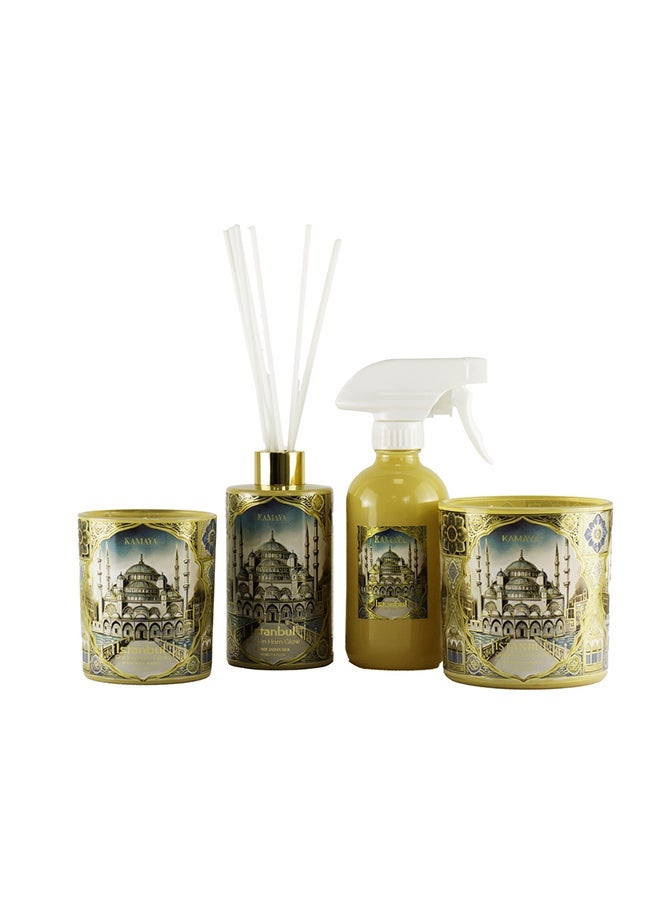 KAMAYA SKYLINE COLLECTION ISTANBUL Scented candle, 3 wick candle with decal of Istanbul skyline on the beautiful glass jar with gold lid. Frgarance notes floral spicy and amber with lemon, jasmine, rose vanilla. Perfect for gifting .Beautiful box with gift card inside - Image 4