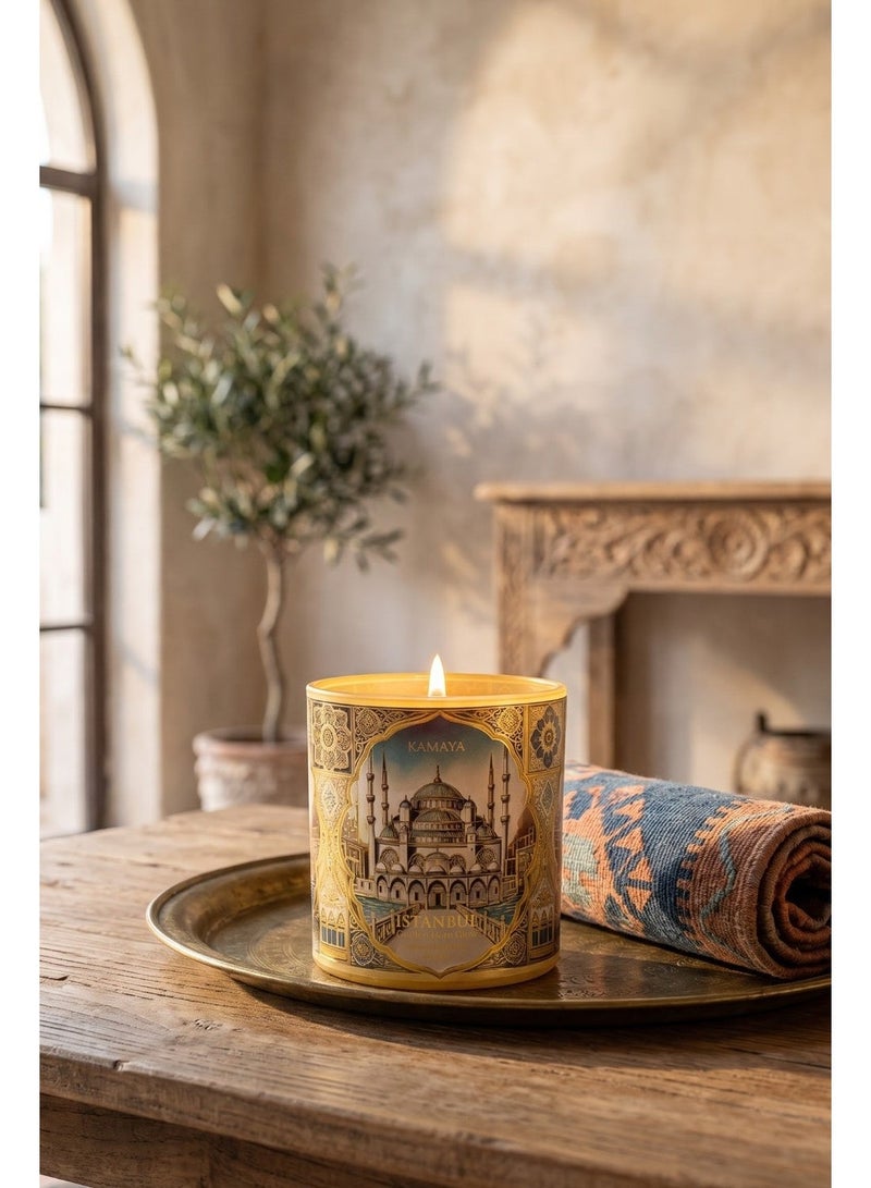 KAMAYA SKYLINE COLLECTION ISTANBUL Scented candle, 3 wick candle with decal of Istanbul skyline on the beautiful glass jar with gold lid. Frgarance notes floral spicy and amber with lemon, jasmine, rose vanilla. Perfect for gifting .Beautiful box with gift card inside - Image 1