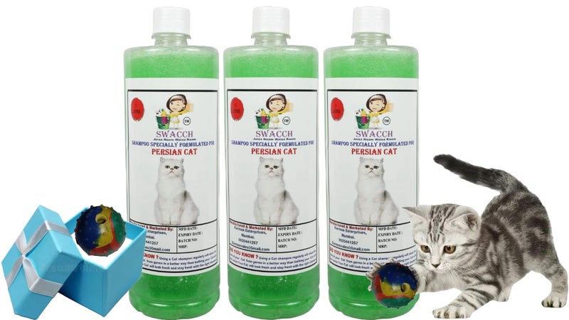 swacch Persian Cat Shampoo + Rubber Musical Ball I Chew Playing Rubber Ball I Interactive Cat Toy Balls I Training & Play I Combo Pack I 1 Litre Pack of 3 Neem Alovera - Image 1