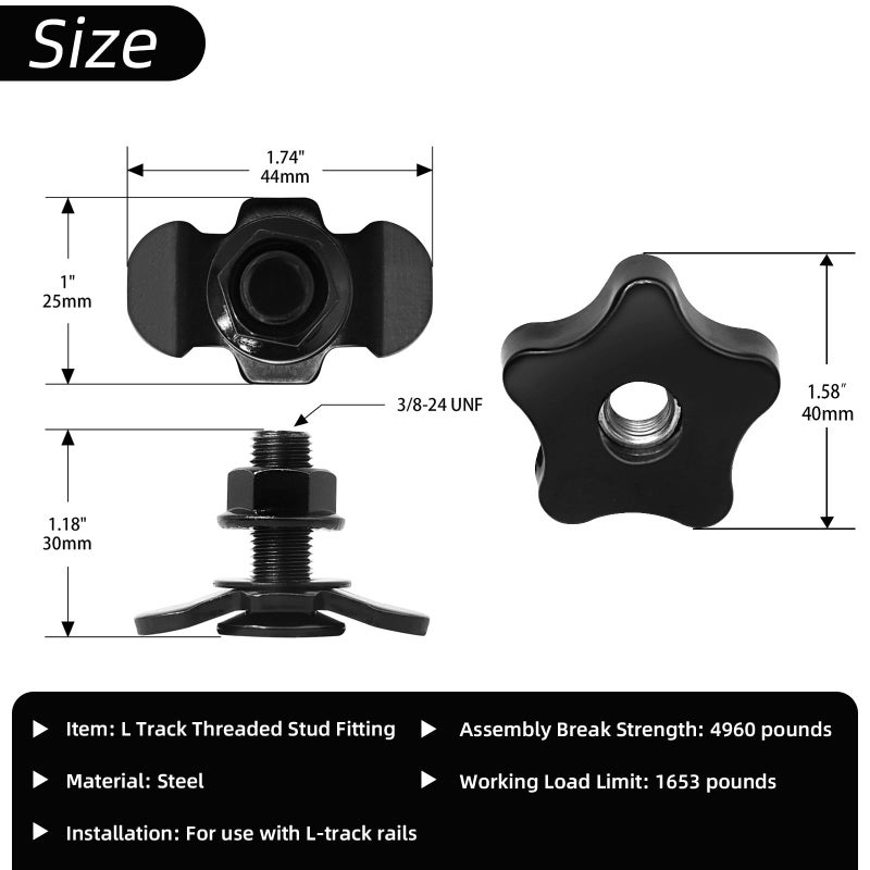 PALOZO L Track Threaded Stud Fittings L-Track Threaded Double Stud Lug Fitting with Knob, Used with L Track Rails, 1.18" Bolt Height, Pack of 6 - Image 3