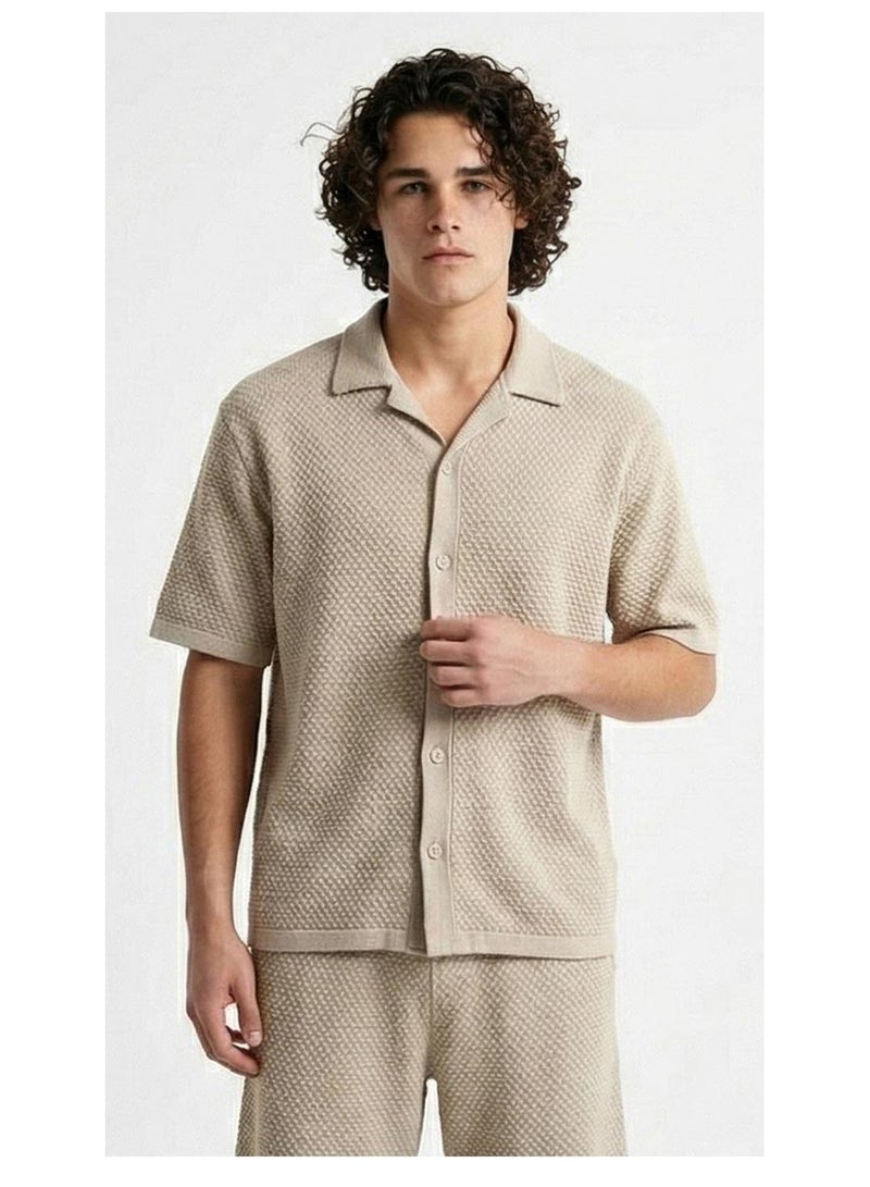RAVIN Oatmeal Textured Knit Camp Collar Shirt – Old Money Collection - Image 1