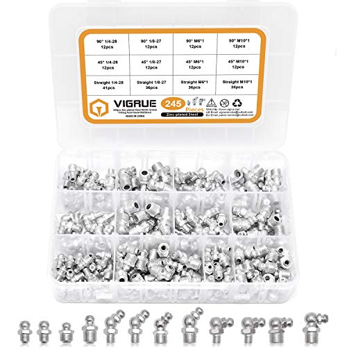 VIGRUE 245Pcs SAE & Metric Grease Fittings Assortment Kit, 1/4-28 1/8-27 M6 M10 Zerk Grease Fittings in Straight, 45, 90 Degree for Grease Gun - Image 1