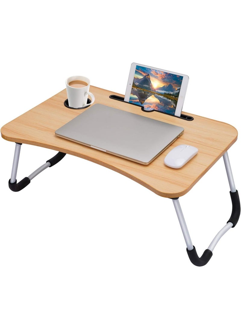 Adjustable and foldable laptop desk with cup holder and storage space - Multifunctional computer table for bed, sofa, floor, study, work, camping and meals - Lightweight, durable and comfortable (Beige) - Image 1