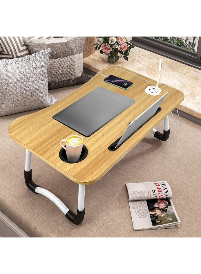Adjustable and foldable laptop desk with cup holder and storage space - Multifunctional computer table for bed, sofa, floor, study, work, camping and meals - Lightweight, durable and comfortable (Beige) - Image 3