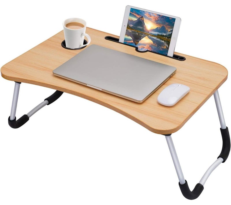 Adjustable and foldable laptop desk with cup holder and storage space - Multifunctional computer table for bed, sofa, floor, study, work, camping and meals - Lightweight, durable and comfortable (Beige) - Image 1