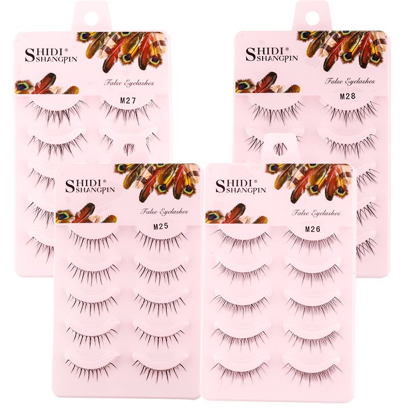 Japanese Style 5 Pairs of Nude Makeup Handmade Sharp-Tip False Eyelashes with Transparent Stalks, Natural Look, Air Cross Design, Comic Eye Lashes - Image 1