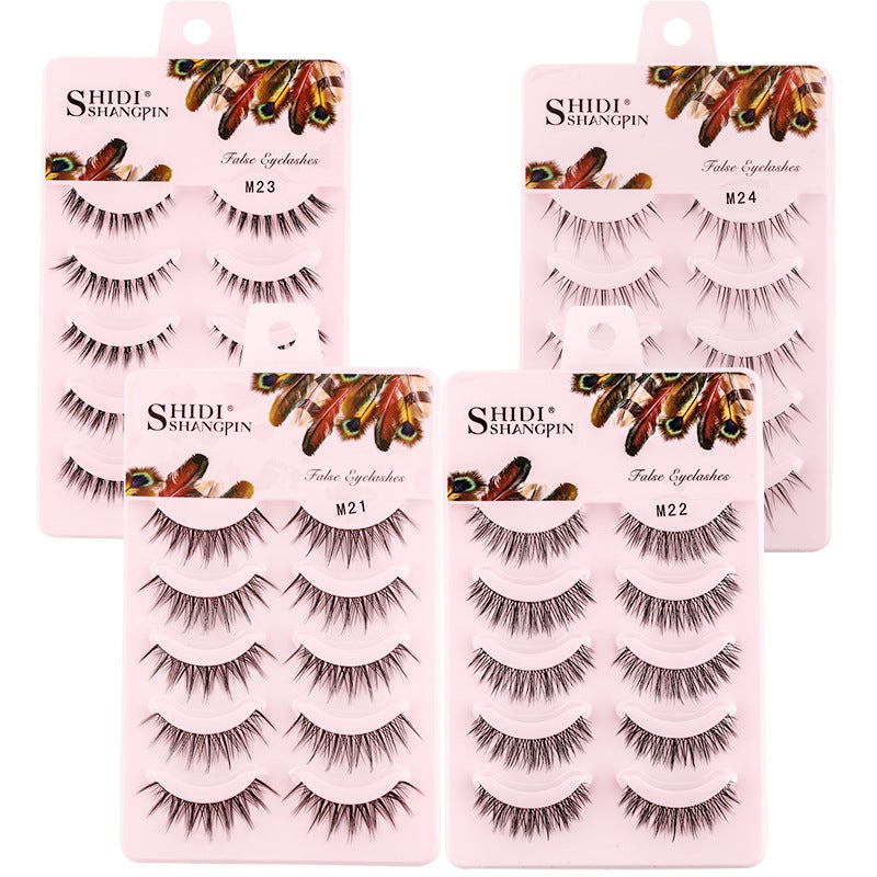 Japanese Style 5 Pairs of Nude Makeup Handmade Sharp-Tip False Eyelashes with Transparent Stalks, Natural Look, Air Cross Design, Comic Eye Lashes - Image 2