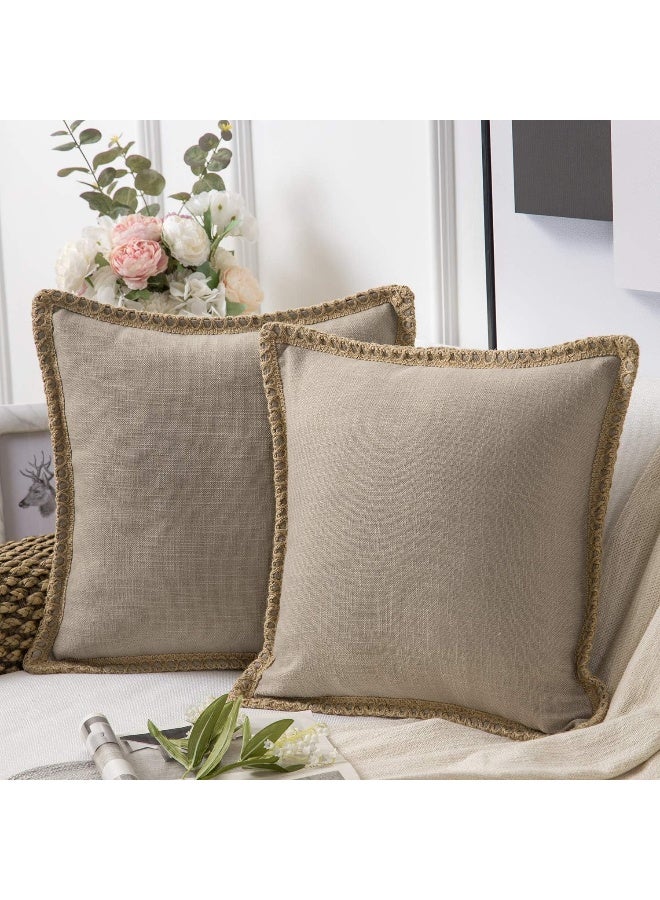 Phantoscope Phantoscope Pack of 2 Farmhouse Decorative Throw Decorative Pillow Cover Burlap Linen Trimmed Tailored Edges Beige Plain 22 x 22 inches 55 x 55 cm  - Image 4