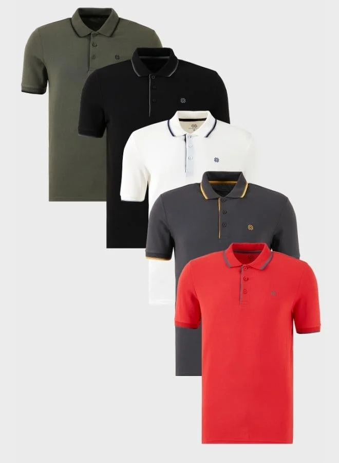 Buratti Buratti Cotton Slim Fit Striped Detail Buttoned Polo Collar 5-Pack Men's T-Shirt 5902118S5