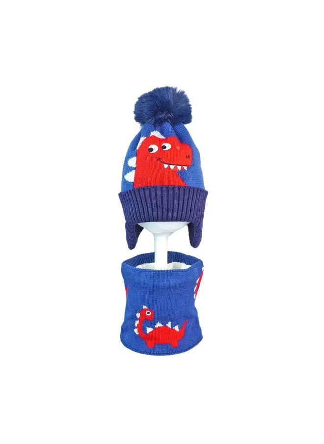 LITTLE SURPRISE BOX 2pcs Blue Red Face Dino themed Beanie Winter Cap with matching Neck Cuff style Muffler for Kids