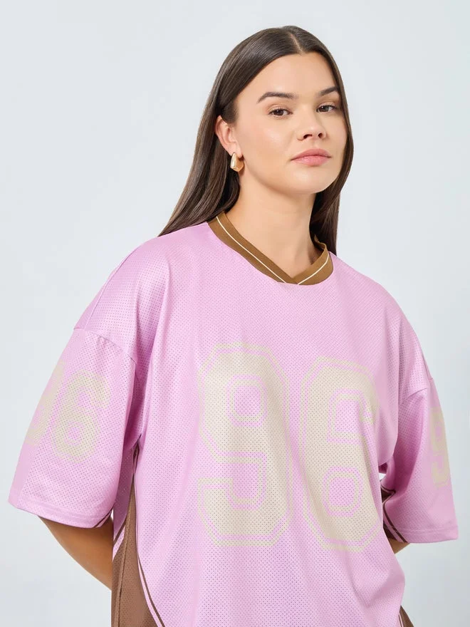 Styli Styli Pink Mesh Varsity Graphic Oversized T-Shirt