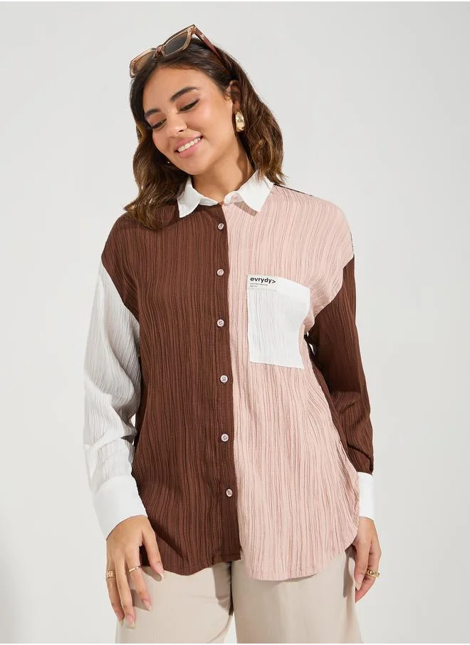 Styli Color Block Textured Oversized Shirt
