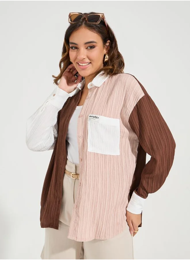 Styli Color Block Textured Oversized Shirt