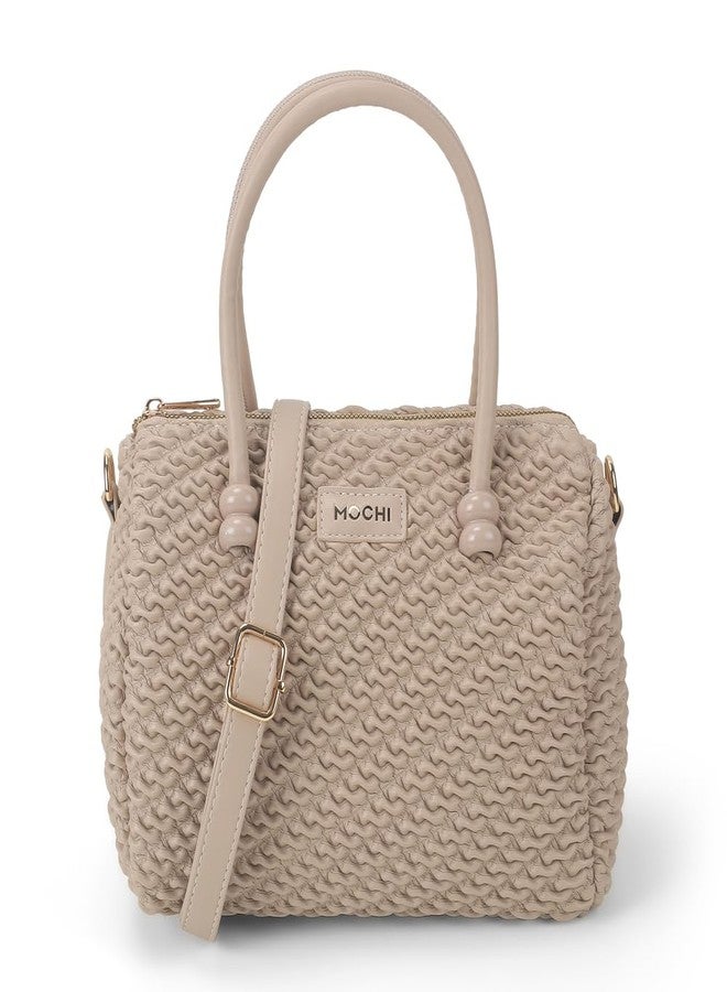 Mochi Stylish Faux Beige Sling with Applique branding and Zipped Closure, Premium Branded lining, Perfect for Casual Use(66-504) - Image 1