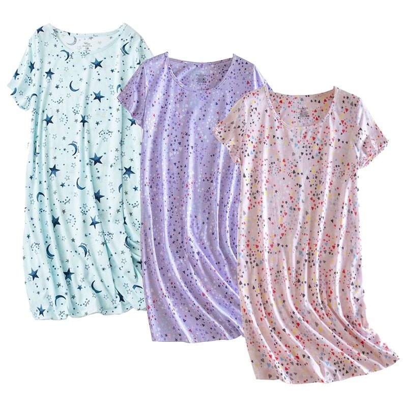 PNAEONG 3 Pack Womens Cotton Nightgown Sleepwear Short Sleeves Shirt Casual Print Sleepdress SY003StarPurplePinkL