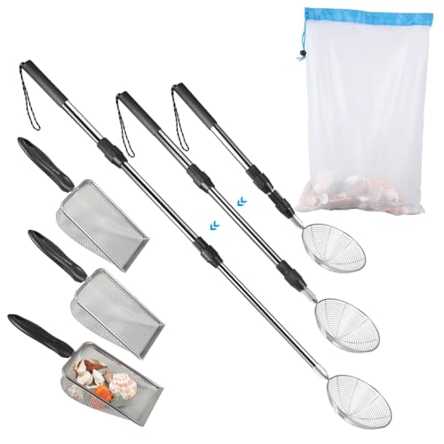 PAMISO Beach Sand Sifter 3 Beach Sifting Sand Telescoping Pole Sets with Scoops Baskets Mesh Bag for Picking Up Shells Shovels Shark Teeth - Image 1