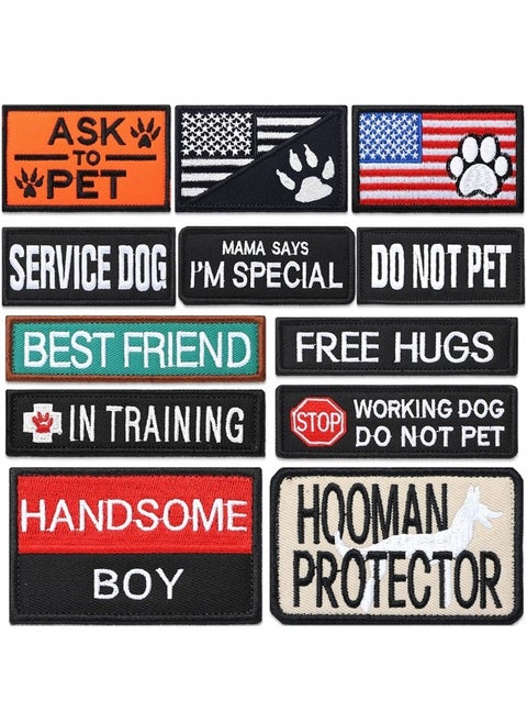 12 Pieces Dog Patches for Service Dog Vest Removable Tactical Hook Loop Harness Patch Set Service Dog Patch Embroidered in Training Patch Animal Working Dog Patch for Vest Harnesses Collars Leashes