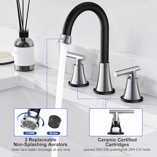 Hurran Bathroom Faucets for Sink 3 Hole, Hurran Black& Chrome Bathroom Sink Faucet with Pop-up Drain and Supply Lines, Stainless Steel Lead-Free Widespread Faucet for Vanity RV Farmhouse Sink - Image 4