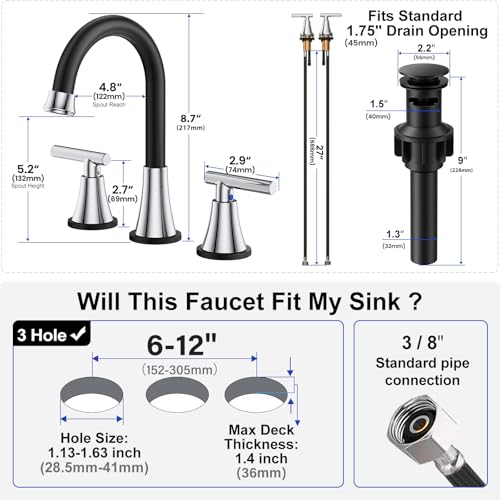 Hurran Bathroom Faucets for Sink 3 Hole, Hurran Black& Chrome Bathroom Sink Faucet with Pop-up Drain and Supply Lines, Stainless Steel Lead-Free Widespread Faucet for Vanity RV Farmhouse Sink - Image 5