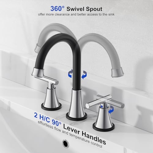Hurran Bathroom Faucets for Sink 3 Hole, Hurran Black& Chrome Bathroom Sink Faucet with Pop-up Drain and Supply Lines, Stainless Steel Lead-Free Widespread Faucet for Vanity RV Farmhouse Sink - Image 3