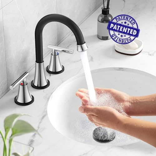 Hurran Bathroom Faucets for Sink 3 Hole, Hurran Black& Chrome Bathroom Sink Faucet with Pop-up Drain and Supply Lines, Stainless Steel Lead-Free Widespread Faucet for Vanity RV Farmhouse Sink - Image 2