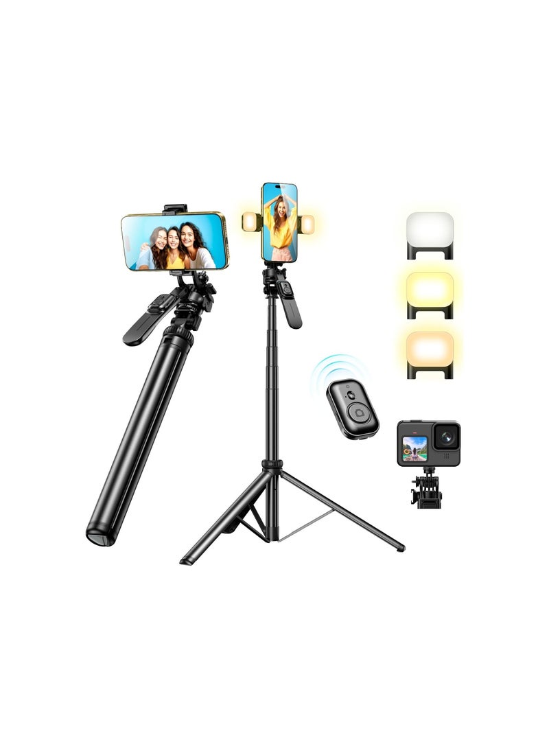 80" Phone Tripod with Remote and Dual Lights – All-in-One Selfie Stick Tripod Stand, 360° Rotating, Portable Travel Tripod for Mobile Phones, Cameras, and Action Devices