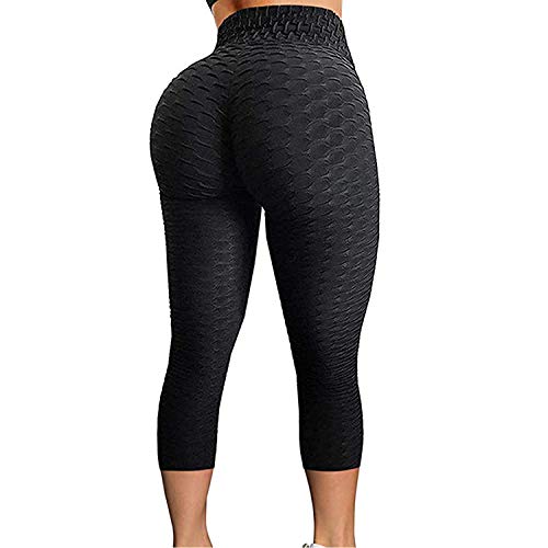 FITTOO Women's Textured Booty Scrunch Capri Leggings Ruched Yoga Pants Butt Lifting Workout Tights Black L - Image 1