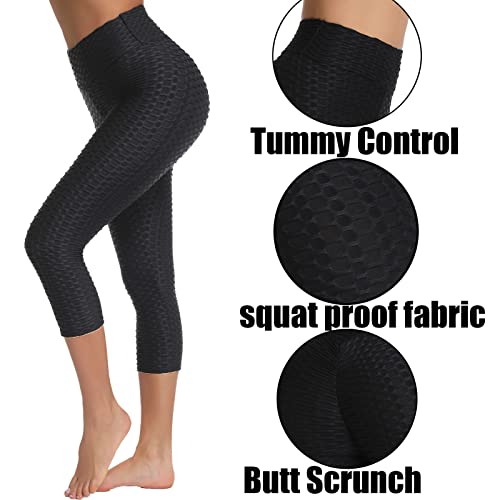 FITTOO Women's Textured Booty Scrunch Capri Leggings Ruched Yoga Pants Butt Lifting Workout Tights Black L - Image 4